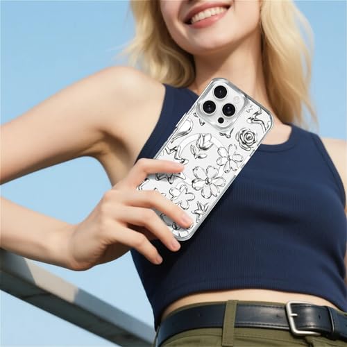 Coque iPhone 14 Pro MagSafe transparente rigide motif fleurs chrome
