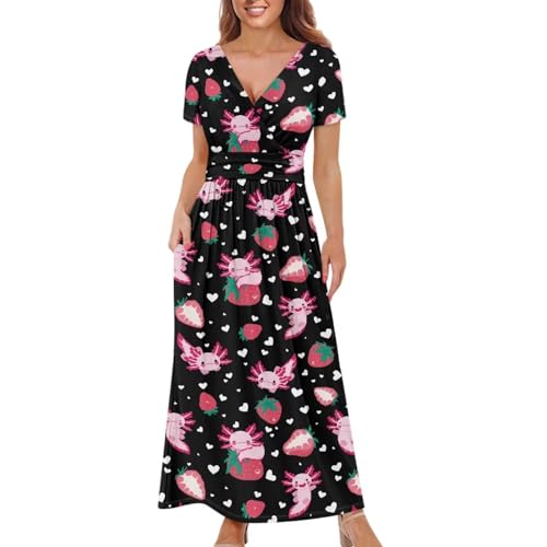 Image of Women's Fall Summer Short Sleeve Ankle Length V-Neck Party Dress with Pockets Size S-3XL