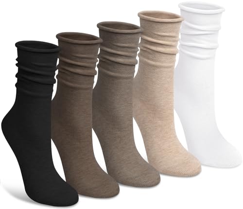 Image of Chalier 5 Pairs Slouchy Socks for Women, Crew Cotton Socks with Cute Roll Top Casual Calf Long Sock