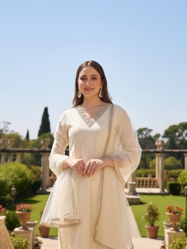 Image of Avanshee Women's Chanderi Cotton Silk with Zari Embroidery Kurta & Silk Crepe Pant Set And Net Dupatta Ethnic Wear Salwar Suit Set (ES 7539)