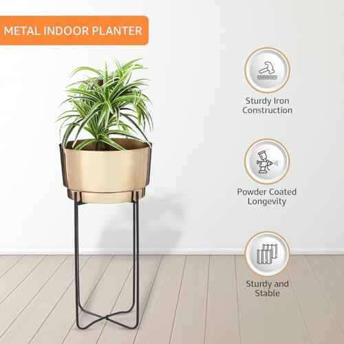 Image of amazon basics Planter Flower Pot with Stand | for Home Decor | (Medium) (Antique Gold and Copper Finish)