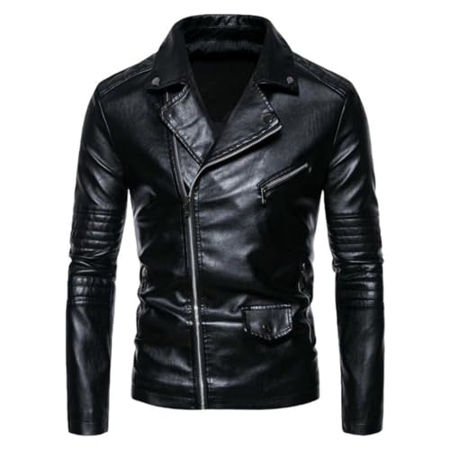 Veste de motard en cuir synthétique homme blouson rétro délavé chaud hiver noir