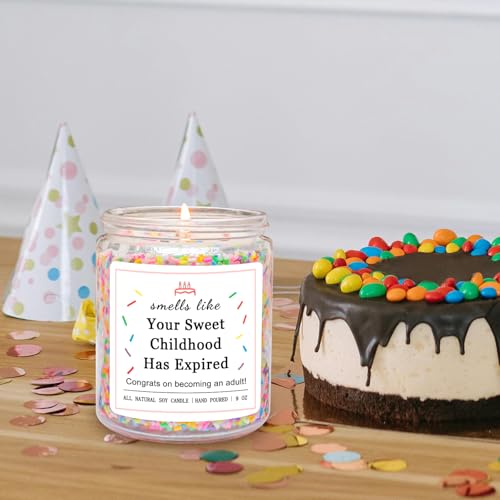 Image of Homsolver 18th Birthday Gifts for Girls, 18th Birthday Decorations Candles Gifts for 18 Year Old Girls, Your Childhood Has Expired Handmade Candles (Vanilla Birthday Cake Scent with Sprinkles)