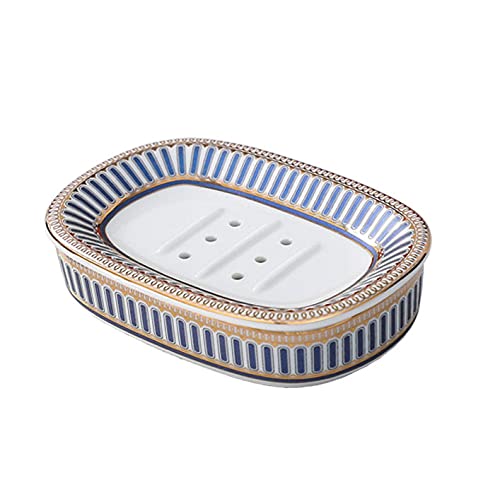 Soap Dish for Bathroom Shower, Ceramic Chic Stripped Blue Bar Soap Holder with Drainer, Large Sized Face Body Bar Soap Dish Tray Container for bathroom, Kitchen Bathtub Sink Counter — image 1