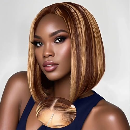 Highlight Bob Glueless Wig Human Hair 9x6 Brown And Blonde Wear And Go Glueless Wigs Pre Plucked Straight Short Bob Ombre Wig 220% Density 4/27 Honey Blonde Lace Front Straight Wigs Human Hair 16Inch