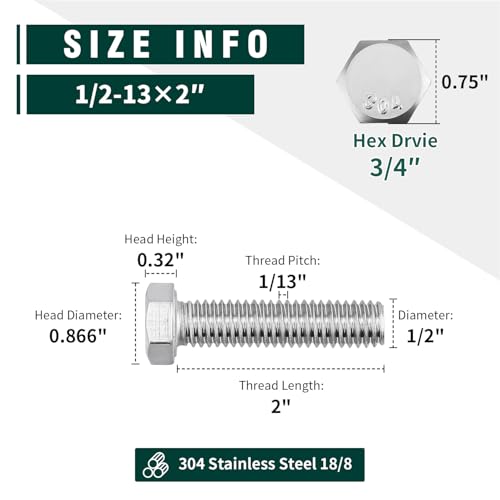 Image of (5 Sets) 1 /2-13 x 2 Hex Bolt and Nut Kit, 304 Stainless Steel (18-8), Fully Threaded, Flat & Lock Washers Included