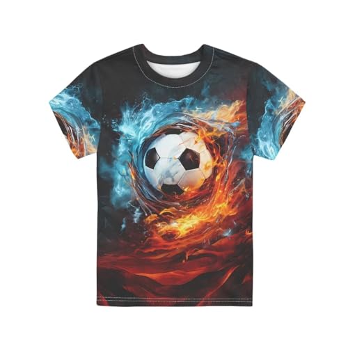JEOCODY Fire Soccer Boys T-Shirts Size 11 12 Kids Graphic Tees Short Sleeve Shirts Crew Neck Clothes Athletic Tops Cool Tunic Tops