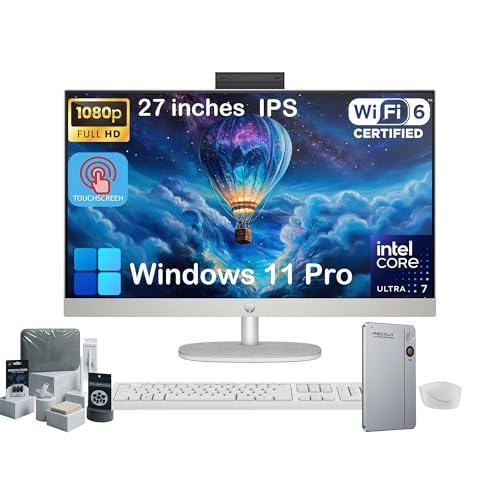 Image of HP 27 inch all-in-one touchscreen desktop, Intel Core Ultra 7 155U, DDR5 RAM, SSD, Windows 11 Pro, adjustable angle, wireless keyboard and mouse