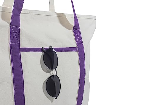 Image of Extra Large Zippered Tote Bag - Heavy Duty Purple Canvas Tote Bag for Picnic, Beach or Shopping - Sturdy, Premium Quality, Washable, Foldable and Double Stitched Cotton Canvas Tote (Purple)