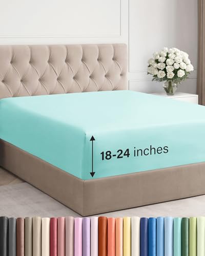 Image of Extra Deep King Fitted Sheet - Single Fitted Sheet Only - Spa Blue | Easily Fits 18 inch to 24 inch Mattress, Soft, Wrinkle Free, Breathable & Comfy, Extra Deep Pockets Hotel Luxury Fitted Sheet