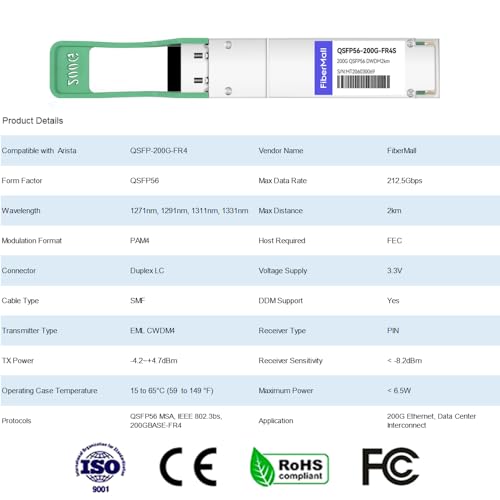 Image of 200G QSFP56 FR4 CWDM4 Optical Transceiver Module,Compatible with Arista QSFP-200G-FR4 200GBASE-FR4 1310nm 2km LC SMF FEC DDM