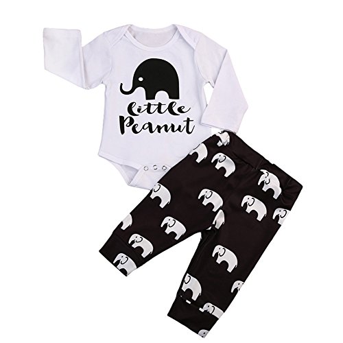 Image of Newborn Baby Boy Girl 2Pcs Set Outfit Long Sleeve Peanuts Romper Bodysuit and Elephant Long Pants (0-3 Months, White+Brown)