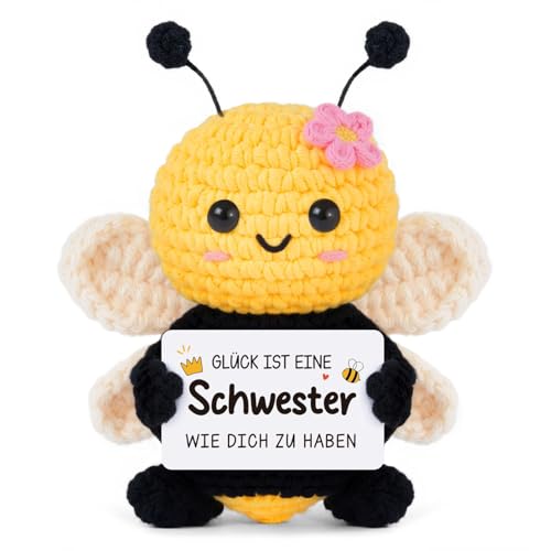 Gleevara Schwester Geschenk - Handgehäkelte Biene Figur mit Energiekarte Schwester zum Geburtstag Weihnachten Muttertag 8 × 4 5 × 11 cm