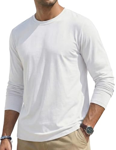 TACVASEN Long Sleeve T Shirt Mens Lightweight Breathable Cotton Tee Shirt Crew Neck Moisture Wicking Fashion Casual Tshirts White, XL