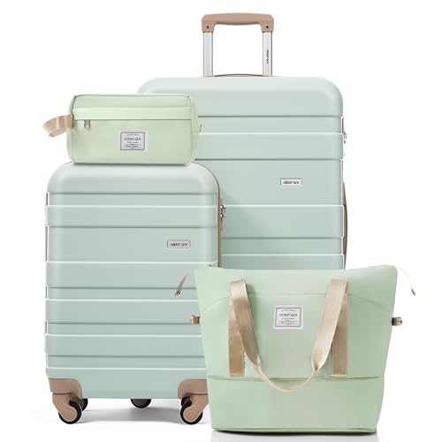 Image of 4-Piece Luggage Set, Suitcase with TSA Lock Travel Duffel Bag Wet-Dry Toiletry Bag, Green