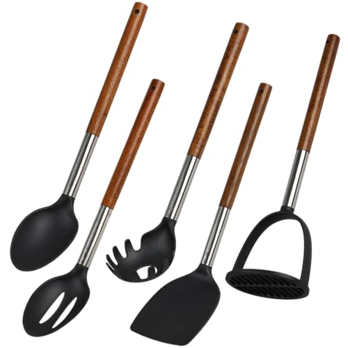 KESPER | Küchenhelfer Set 5-tlg., Material: Akazienholz, Edelstahl & Kunststoff | Kochutensilien-Set mit Löffel, Wender, Pastalöffel & Kartoffelstampfer, Farbe: Silber, Braun, Schwarz | 9422713