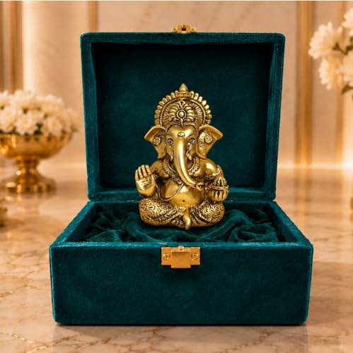 Gold Art India Lord Ganesha 24K Gold Plated Idol | Antique Matte Finish | Premium Peacock Green Velvet Gift Box | Ganesh Murti for Home Temple, Office Desk & Car Dashboard | Luxury Spiritual Gift