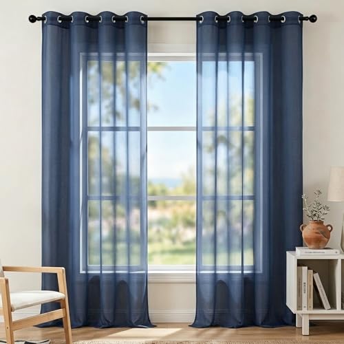 KOUFALL Navy Blue Curtains 108 Inches Long for Living Room Set 2 Panels Window Semi Voile Drapes Faux Linen Solid Transparent Dark Blue Curtains for Bedroom Party Backdrop 52x108 Inch Length
