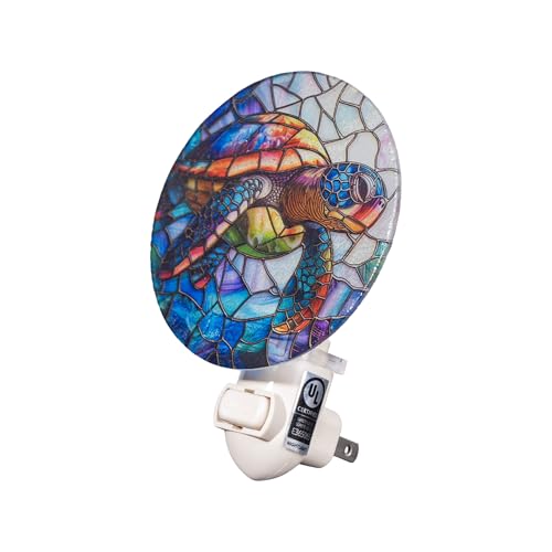 Image of Sea Turtle Stained Glass Styled Night Light - Real Glass Plug-in Wall Light with Warm Glow for Bathroom, Bedroom, or Hallway, Coastal Ocean Beach Home Decor