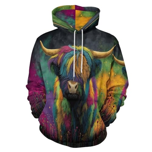 Illustrations fantastiques de bovins des Highlands sur un pull à capuche imprimé 3D vibrant