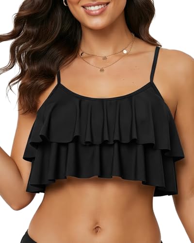 Tempt Me Ruffled Bikini Top Black Flounce Swimsuit for Women Bathing Suit Top Only L