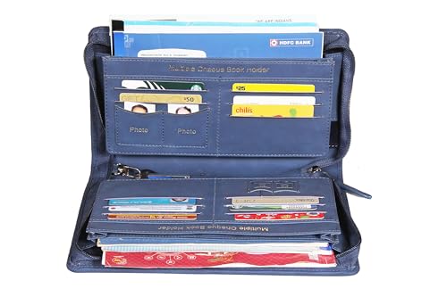 Image of Sukeshcraft Multiple Cheque Book Holder | Original PU Holds Upto 8 Cheque Books, 1 Pin-Sim Slot,14 Credit /Debit Card Slots (PU, Sensa Dark Blue)