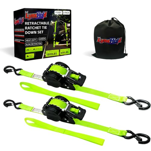 Image of Retractable Ratchet Straps (2-Pack) - Heavy Duty Auto Retraction Tie Down Straps - 1 Inch x 13 Feet (1,800lb Break Strength) - with Safety Lock S Hooks for Motorcycle, Truck Securing Cargo, Car-Green