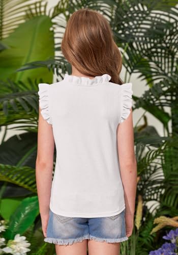 Image of BesserBay Girls Summer Flutter Sleeve Shirts Knit Ruffle Collar Slim Fit Casual Vertical Texture Tank Tops 5-14 Years