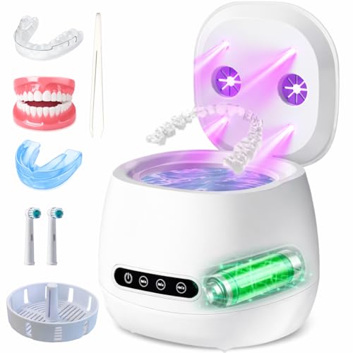 Syufoo Ultrasonic Retainer Cleaner Machine, 45kHz Rechargeable Retainer Cleaner with 4 UV Lights, W200 Ultrasonic Cleaner for Retainers, Aligners, Mouth Guards, Night Guards & Dentures