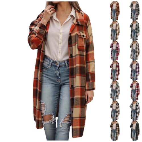 XINGJIAARTS Fall Jackets For Women Trendy Plaid Shacket Long Flannel Shirt Jacket Lapel Button Down Cardigan with Pockets Brick Red Medium - image 1