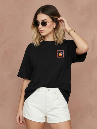Image of JUNEBERRY Pure Cotton Oversized Drop Shoulder T-Shirt for Women | Front & Back Print, Half Sleeve, Baggy Fit, Round Neck | Sizes S-XXL