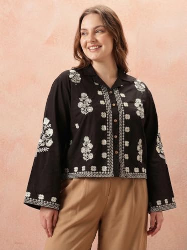 Image of Bee M Pee Designer Women's Embroidered Korean Crop Shirt | Full Bell Sleeves Western Tops for Woman Stylish | Oversized Formal /Casual /Office Wear Cotton Shirts Top for Women