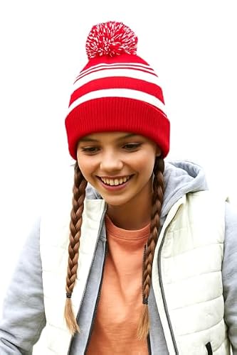 4Sp Unisex Red/White 4Sp® Striped Fan Pom Pom Beanie Hat (Uk, Alpha, One Size, )