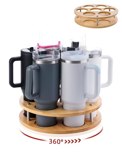 Rotating Wood Tumbler Organizer, 30 oz 40 oz Spinning Turnable Tumblers Holder, 360° Rotatable 7 Large Cups Bottle Tumbler Storage Display Stand, Rotate Syrup Organizer for Cabinet Countertop