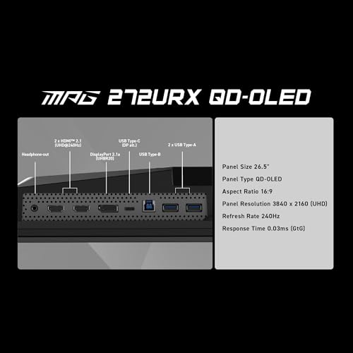 Image of MSI MPG 272URX QD-OLED 27-inch 3840 x 2160 (UHD) Computer Monitor, 240Hz, Adaptive-Synch, HDMI, DP Port, VESA Mountable, Tilt, Speaker, 0.03ms, Black