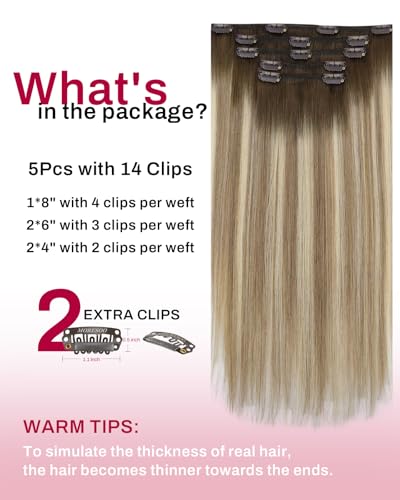 Image of Moresoo Balayage Clip in Hair Extensions Brown to Blonde for Short Hair | Remy human hair clip ins, ombre dark mocha to light brown with light blonde, 10 inch 80g 5pcs for fine hair