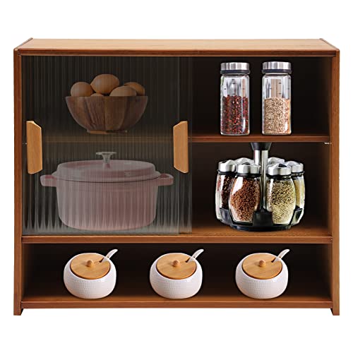 OUKANING 3 Tiers Small Bamboo Kitchen Pantry Sideboard with 2 Sliding Striped Glass Doors, Freestanding Kitchen Pantry Cabinet for Bottle, Dish, Bowl Console Dining Cupboard, Tea-Colored