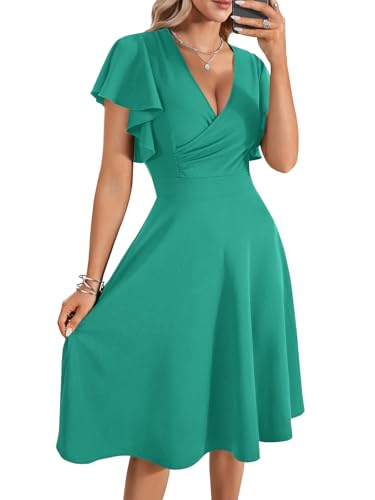Image of LYANER Women's Warp V Neck Ruffle Short Sleeve A Line Swing Flared Cocktail Party Midi Dress