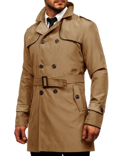 Runcati Trench Coat Men's Slim Fit Double Breasted Coat Medium Length Classic Business Casual Coat Autumn Windproof Coat, brown, M