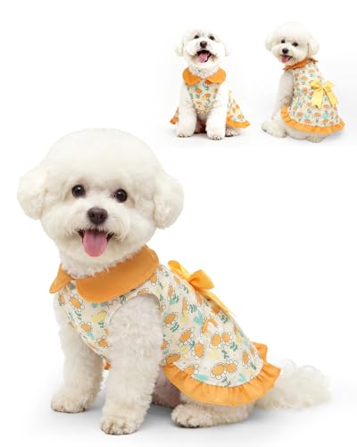 Image of CuteBone Sunflower Daisy Pet Dress with Peter Pan Collar - Yellow Floral Pattern - Sleeveless Ruffled Skirt with Bow for Small Dogs, Cats - Summer & Casual Wear