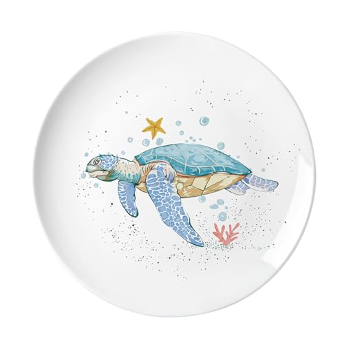 Hand-Painted Sea Animals Pattern Ceramic Dessert and Cake Plate - Sea Turtle - 6 Inch