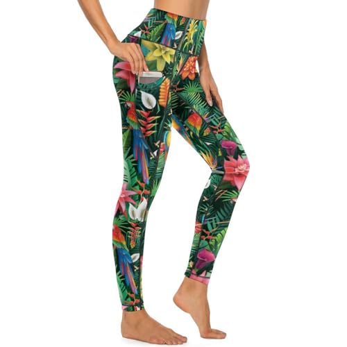 MSOKAZZLES Pantalon de yoga taille haute pour femme avec poches, Feuilles de fleurs tropicales, Taille S