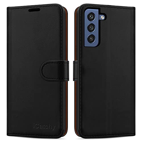 iCatchy Case Compatible with Samsung Galaxy S21 FE Leather Wallet Book Flip Folio Stand View Card Slots Magnetic Closure Cover Black