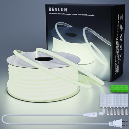 Image of BENLUN AC 110V COB LED Strip Lights 98.4ft, 6000K Cool White LED Rope Light Outdoor Waterproof, 10W /M CRI 90+ Flexible Cuttable, for Bedroom, Living Room, Garden, Commercial, House