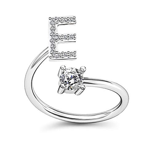 Image of HUJUON Silver Initial Letter Ring for Women. Adjustable Crystal Alphabet Ring,Name Initials Stackable Knuckle Rings A-Z CZ Open Ring