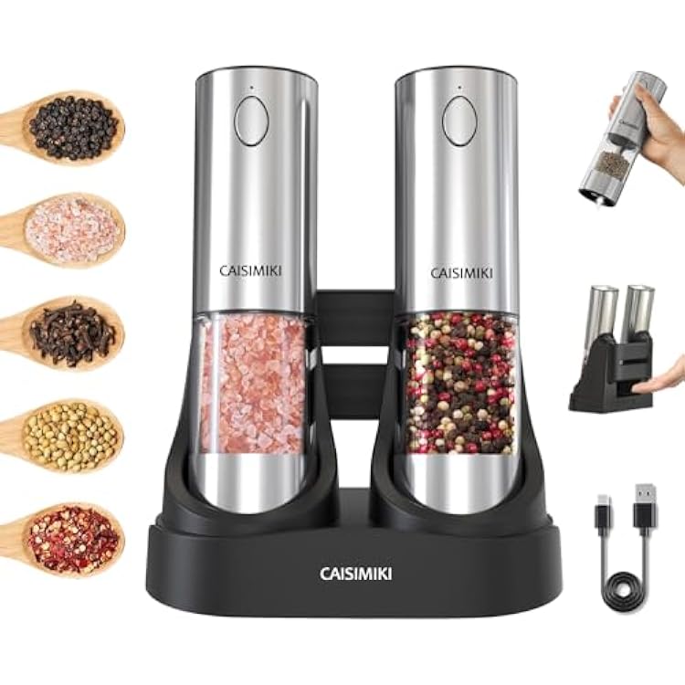Electric Salt and Pepper Grinder Set Upgraded Stainless Steel Spice Grinder USB Rechargeable Automatic Pepper Mill Dual Charging Station Grinder Shakers, Silver