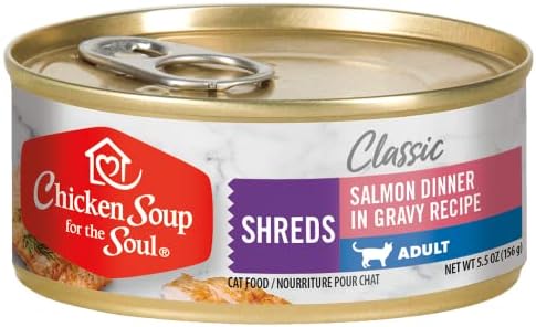 Chicken Soup for The Soul Classic Wet Cat Food – Salmon Dinner in Gravy Recipe Shreds, 5.5 Ounce Can (Pack of 24) Chicken Soup for The Soul Classic Wet Cat Food – Salmon Dinner in Gravy Recipe Shreds, 5.5 Ounce Can (Pack of 24)
