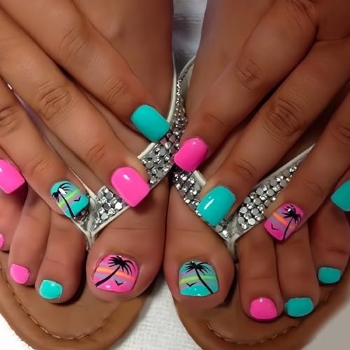 BABALAL Summer Beach Press on Nails and Toenails Matching Set Short Square Fake Toe Nails Coconut Tree palm Designs Acrylic False Toenails Blue Pink Glue on Toe Nails 48Pcs Set for Women