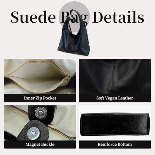 Image of Leather Hobo Bags for Women Slouchy Tote Bag Retro PU Leather Purse Soft Shoulder Handbags Large Work Tote Bag 2pcs