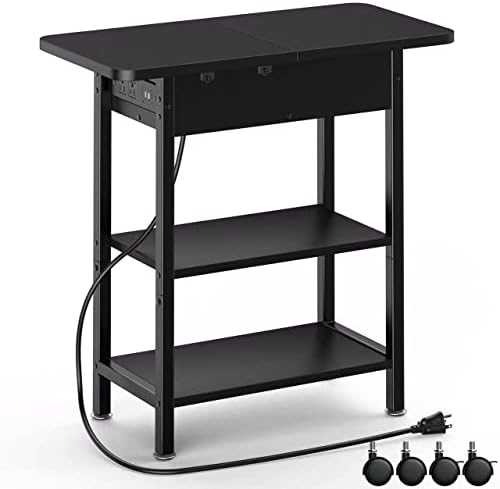 Yaabii End Table with Charging Station,Flip Top Side Table with USB Ports and Outlets,Nightstand for Small Spaces,Bedside Tables with Storage Shelf for Living Room,Bedroom,Black
